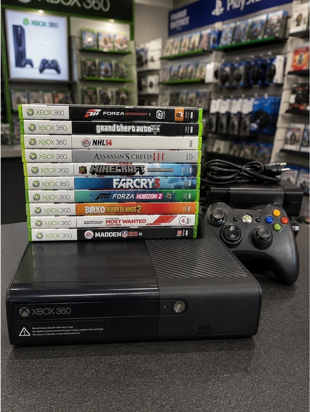 Xbox 360 E 4GB Console Bundle Tested & Working + 10 Games Controller Cables